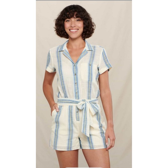 NWT Toad &Co Camp Cove Short Sleeve Cotton Romper Salt Trio Stripe Size Large - Picture 3 of 7